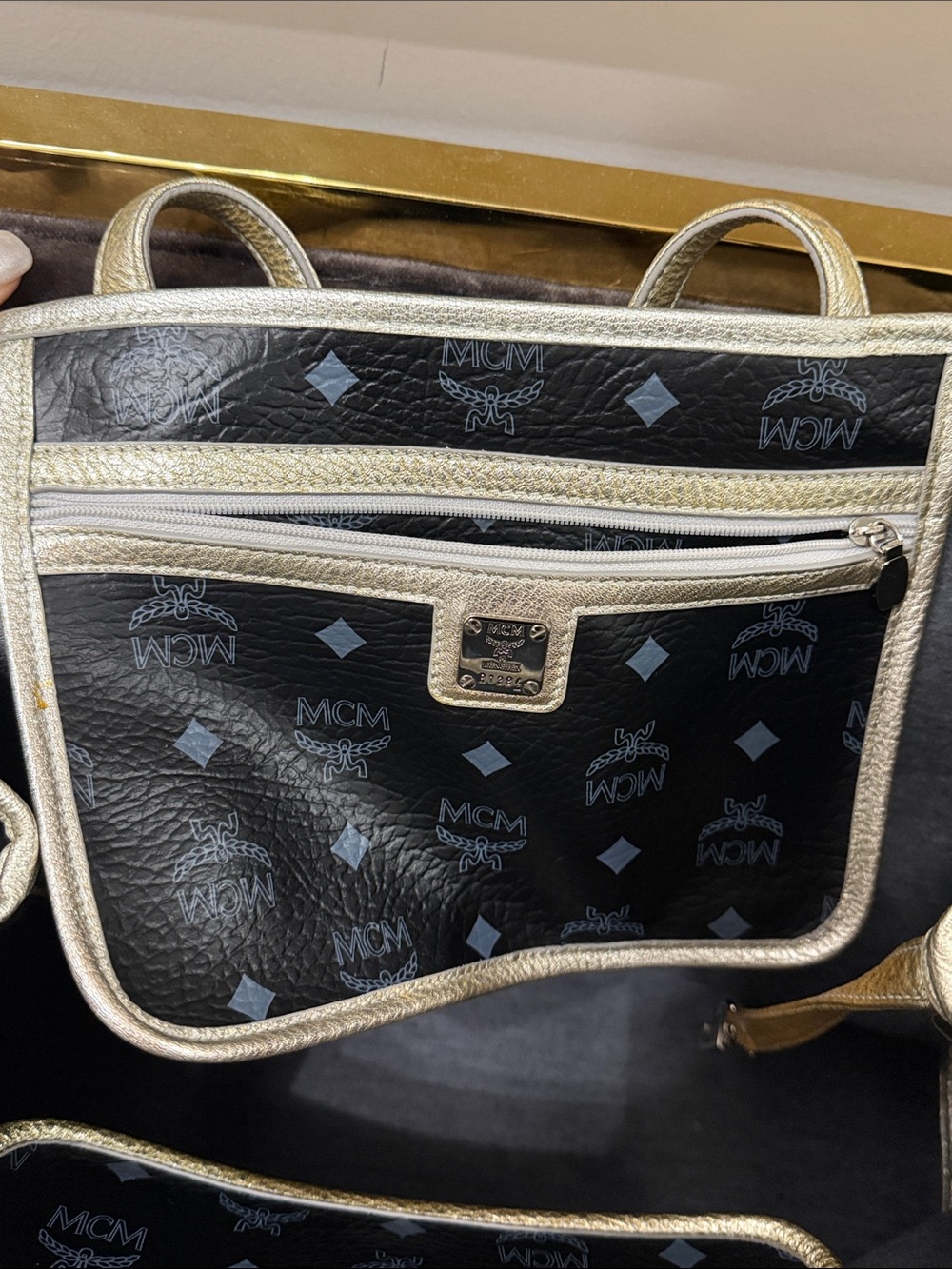 MCM Black Logo Tote with Pink and Yellow Stripe and Silver/Gold Trim - Picture 7 of 10